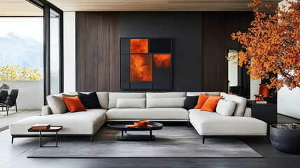 Fototapeta premium Modern living room with sectional sofa and orange accents.