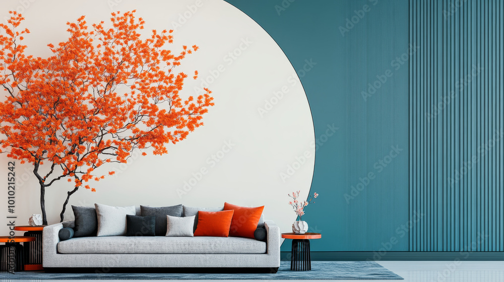 Canvas Prints Modern living room with a gray sofa and a large tree with orange leaves.