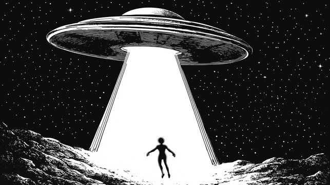 Alien being is abducted by a flying saucer in a beam of light