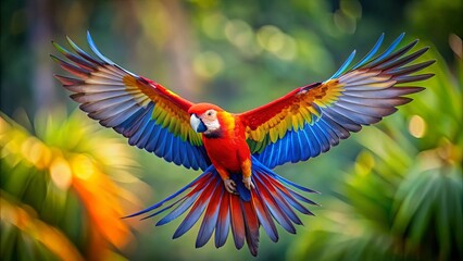 Obraz premium A vibrant scarlet macaw with outstretched wings, a symphony of colors, showcasing the beauty of nature's artistry.