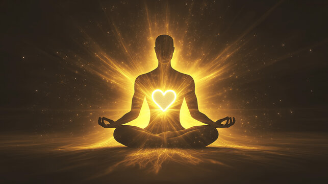 Silhouette of a man meditating with a glowing heart in his chest and golden energy emanating from his body