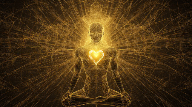 Golden human body meditating with a bright glowing heart and energy flowing around him