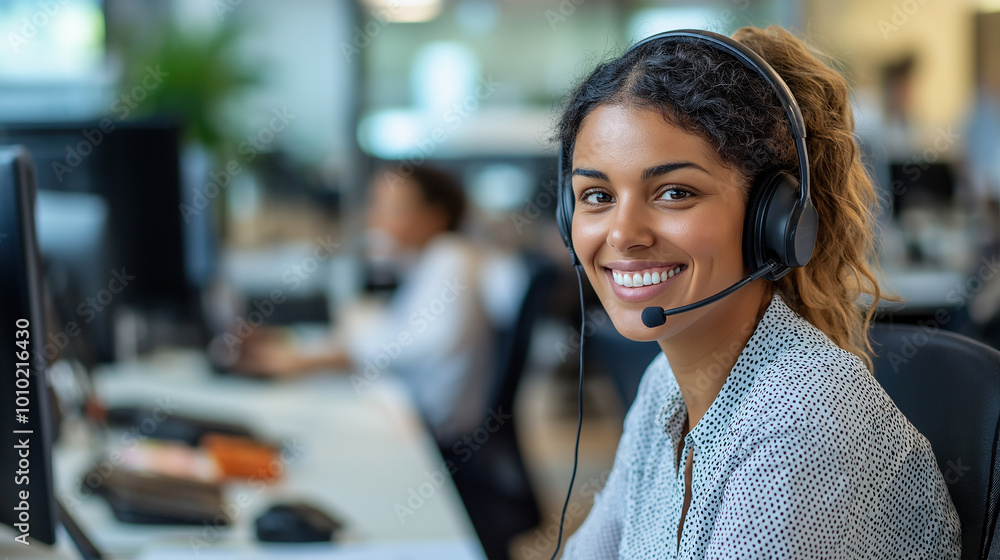Poster Smiling customer service representative working in a busy call center
