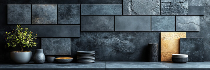 Fototapeta premium Dark stone wall backdrop with minimalist decor.