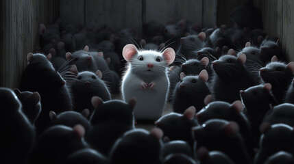 Obraz premium Single white mouse is standing out from a crowd of black mice