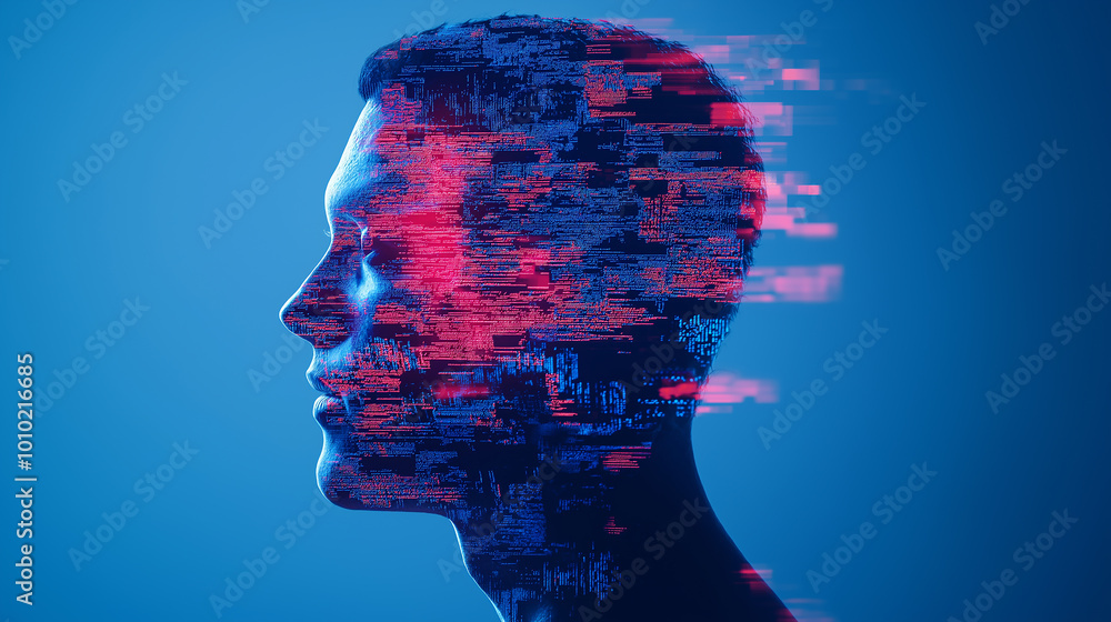 Poster Profile of a man with digital code flowing through his head representing artificial intelligence