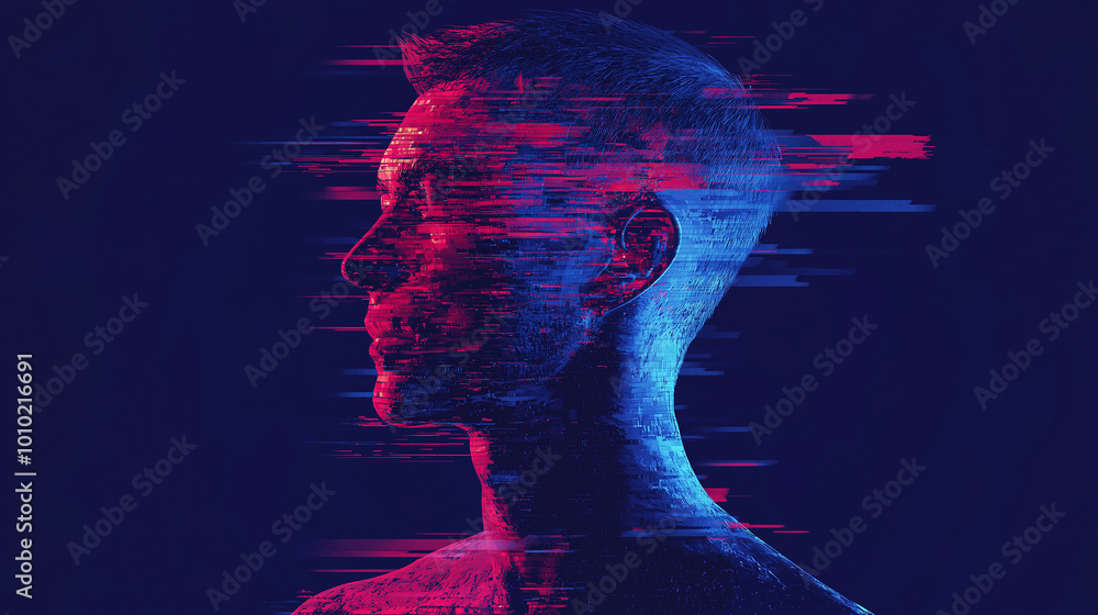 Aufkleber 3d render of a man's face is glitching in a futuristic and technological style
