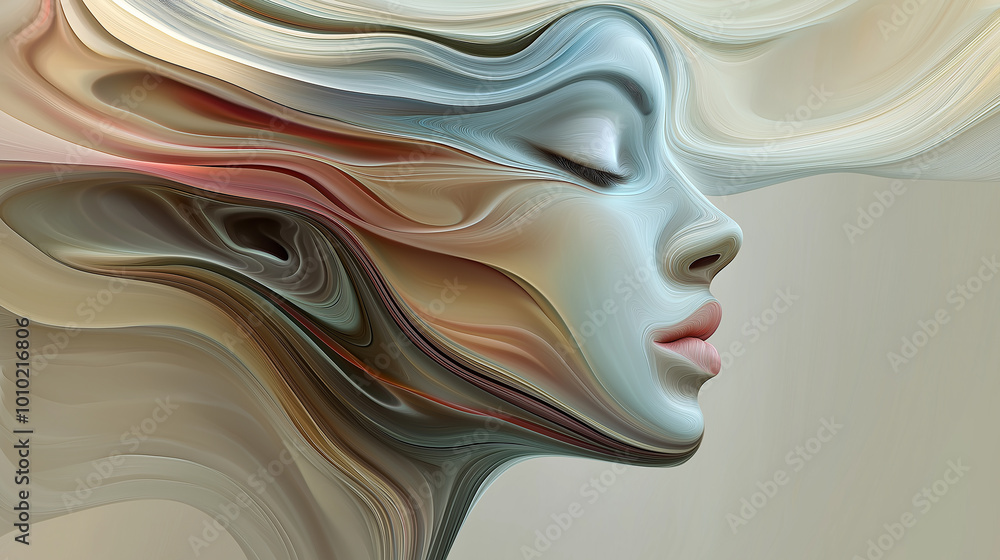 Poster woman face emerging from abstract flowing lines creating a surreal and dreamlike portrait