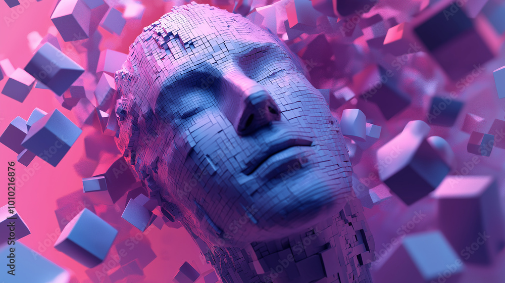 Aufkleber pixelated face is floating in a surreal pink and purple background with 3d cubes