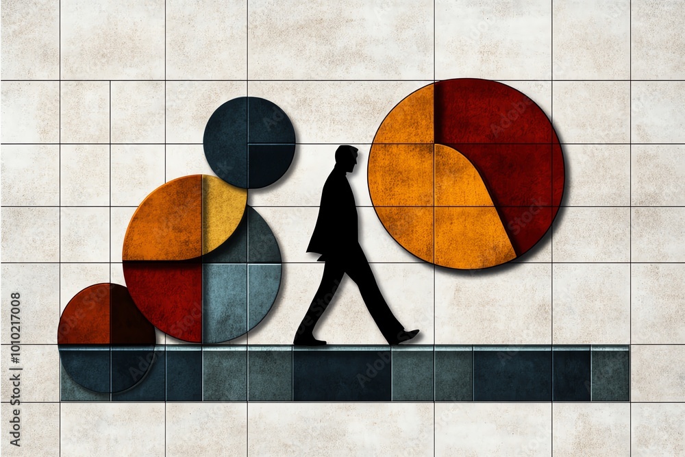 Poster geometric design of a figure walking away, with abstract shapes and muted tones representing the sim