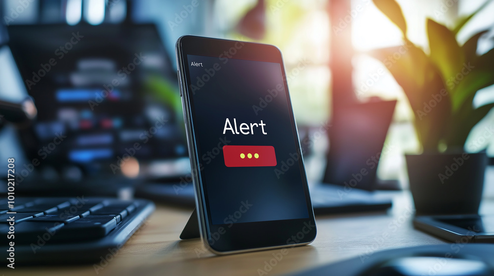 Poster Smartphone is displaying an alert message on the screen in a modern office