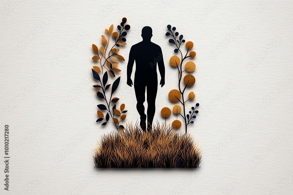 Poster geometric design of a figure walking away, with abstract shapes and muted tones representing the sim