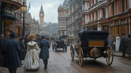 Elegant people walking on busy street in victorian london with big ben in the background
