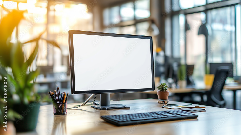 Poster modern computer displaying blank white screen sitting on desk in sunny office with plants and suppli