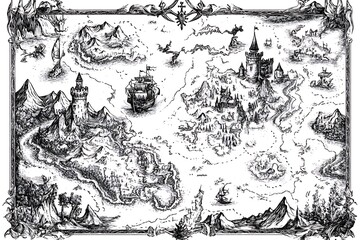 Obraz premium Vintage Black and White Fantasy Map Illustration