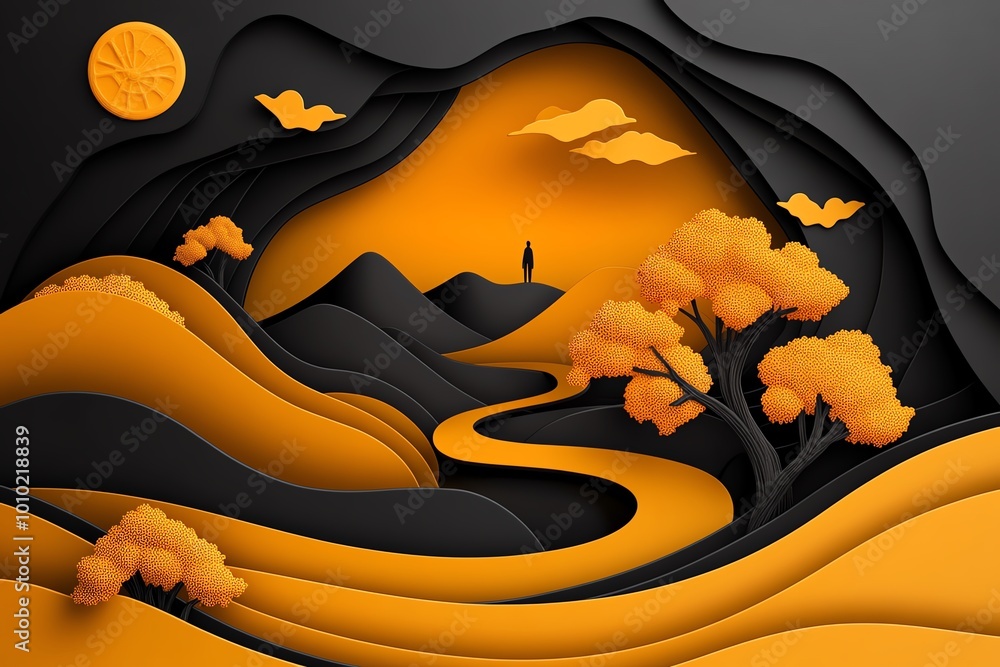 Poster geometric design of a lone figure standing in a serene landscape, using abstract shapes to symbolize