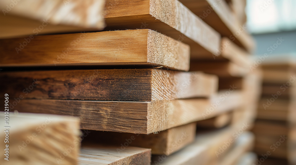 Poster Stack of wood planks creating a geometric pattern in a lumber yard