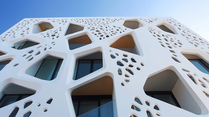 Modern white building facade showing geometric shapes and windows under blue sky