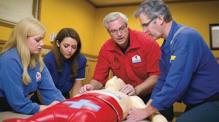Group of people learning cpr first aid training with a cpr instructor