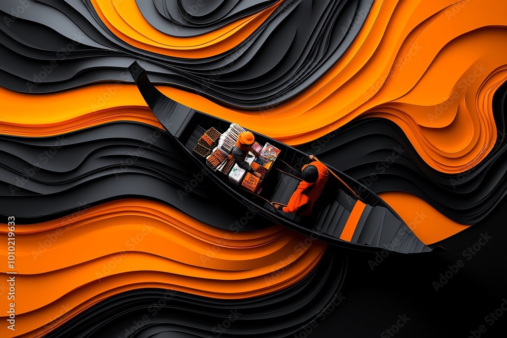 Poster geometric design of a vendorâ€™s boat drifting through the canal, with abstract shapes representing 