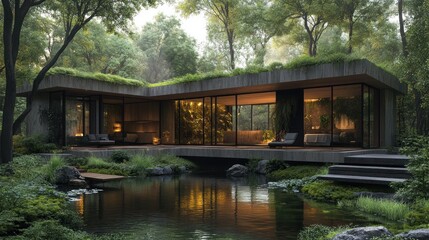 Obraz premium Modern house surrounded by lush greenery and serene water.