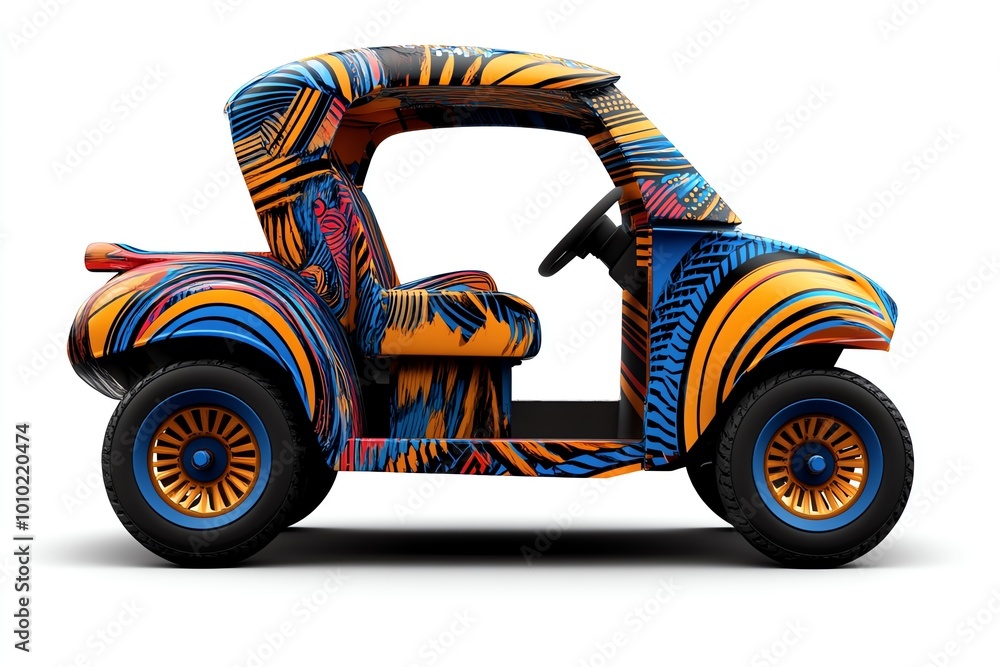 Poster geometric representation of a three-wheeled vehicle, with abstract patterns and vibrant colors formi