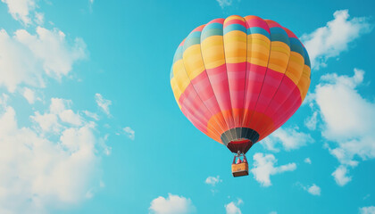 Fototapeta premium Vibrant hot air balloon soaring in a clear blue sky with fluffy clouds, capturing a sense of adventure and freedom.