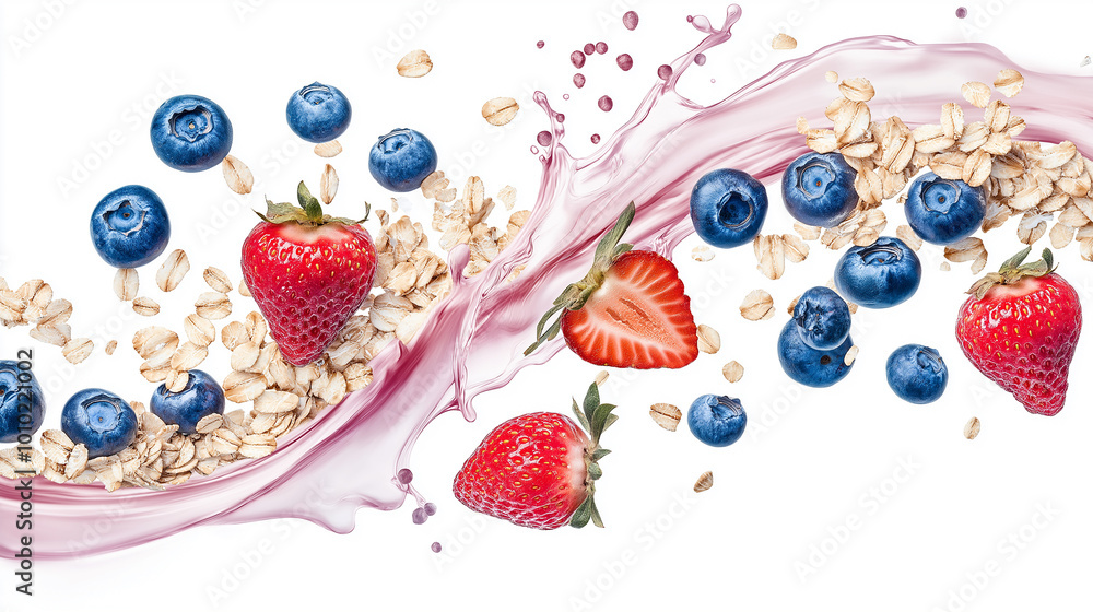 Poster pink smoothie is splashing with strawberries, blueberries and oat flakes on white background