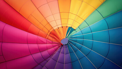 Obraz premium Vibrant rainbow-colored hot air balloon interior, showcasing a kaleidoscope of colors and patterns in a stunning symmetrical design, symbolizing adventure and freedom.