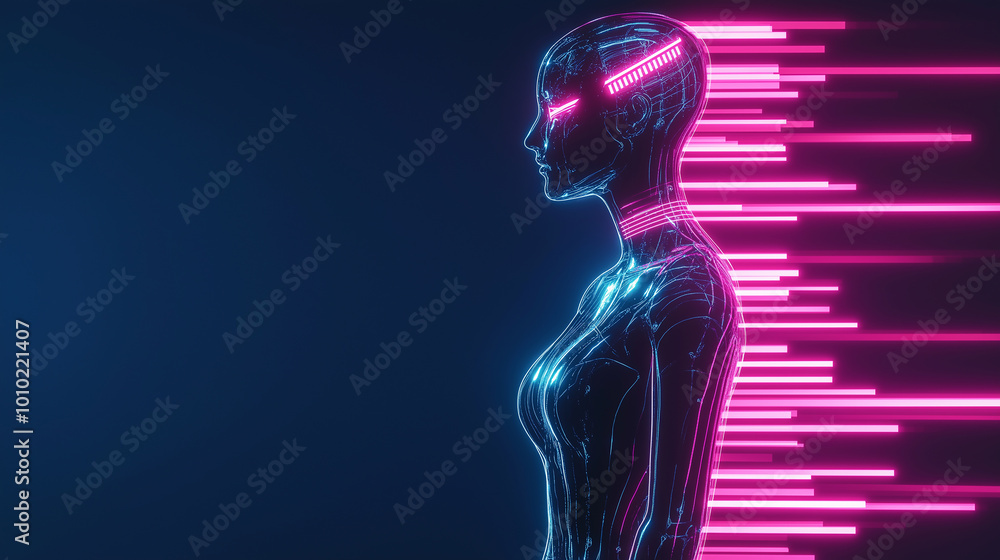 Poster futuristic cyborg woman with glowing lines is processing data