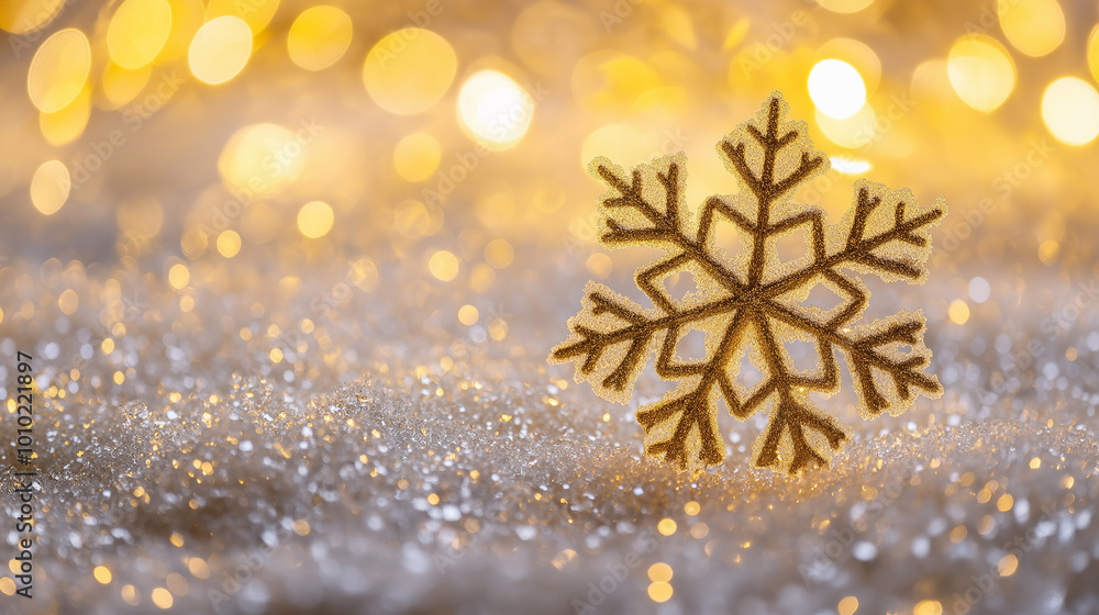 Poster golden glitter snowflake ornament is standing on a sparkling background with golden lights