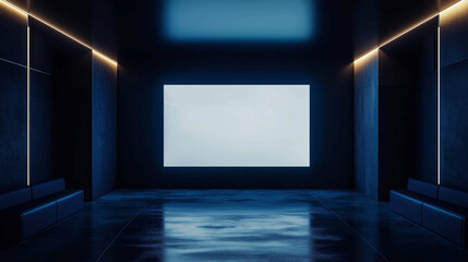 Empty modern gallery interior with big white blank poster on wall and blue lighting