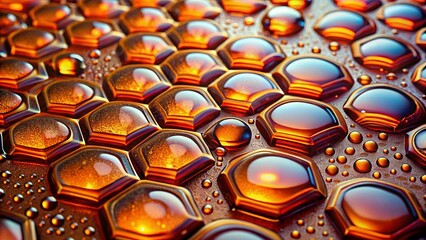 Fototapeta premium A macro exploration of water droplets forming hexagonal patterns on a reflective surface, revealing a symphony of colors and textures.