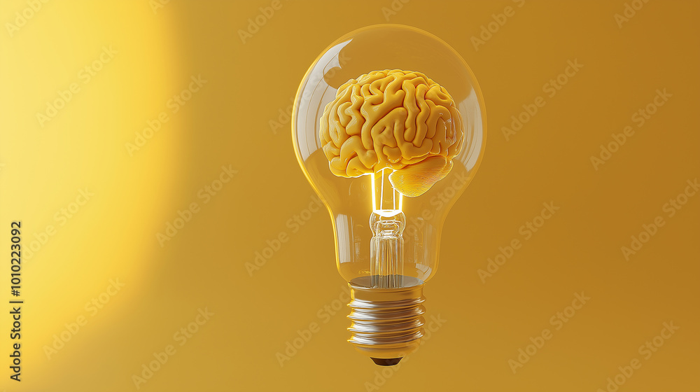 Poster lightbulb is illuminating a human brain on a yellow background