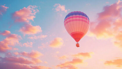 Fototapeta premium Colorful hot air balloon floats against a vibrant sunset sky, with fluffy pink clouds adding to the serene scenery.