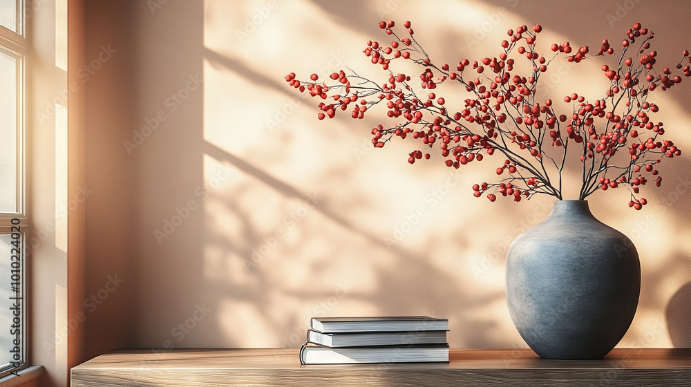 Wall mural Red berries in a vase on a wooden table with books.