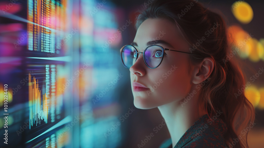 Poster Young female data scientist working with big data on multiple computer screens at night