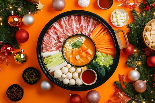 A vibrant hot pot setup with assorted vegetables, meats, and dipping sauces, decorated with Christmas baubles and tinsel around the table. The warm orange background adds a festive touch and