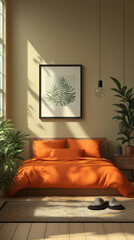 Minimalist bedroom with orange bedding and natural light.