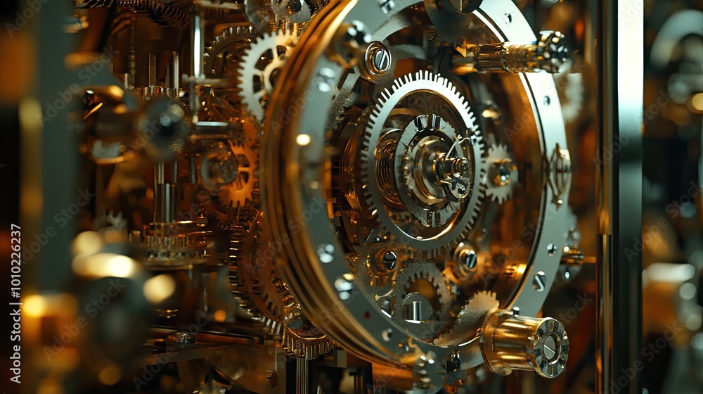 Poster close-up of a complex mechanical clockwork with intricate gears and polished metal.