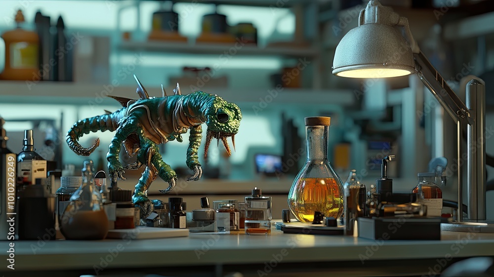 Poster a green monster creature in a laboratory setting with bottles and a lamp