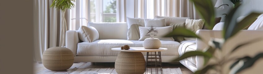 Modern interior of living room with sofa, pouf and soft pillows