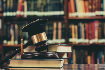 Law education, legal educational study, a school for lawyers, legislation, litigation, judicial knowledge learning concept with court judge gavel and textbook with a mortarboard on books in a library