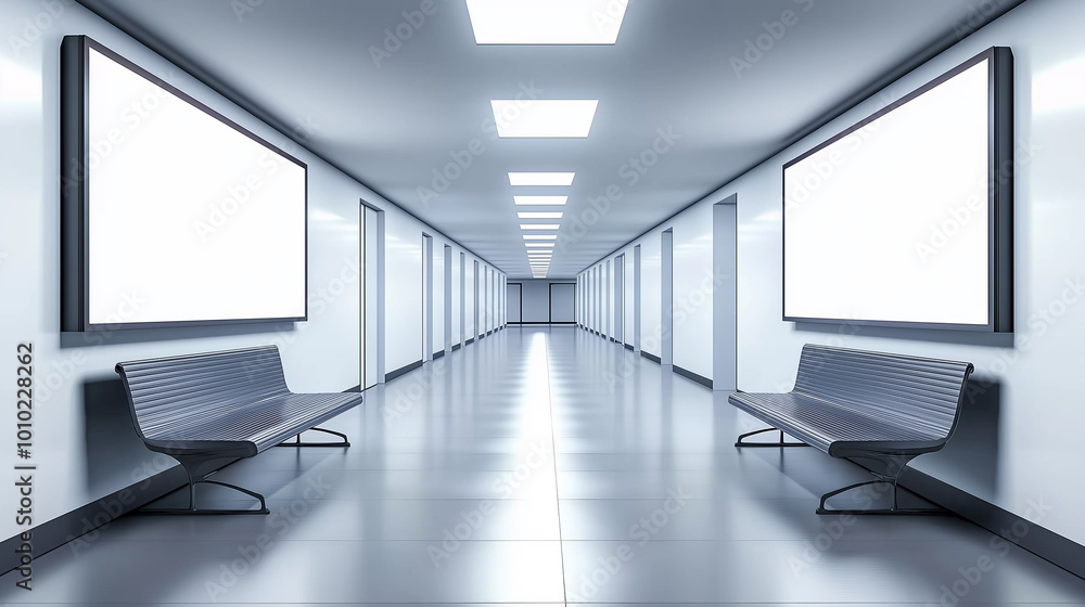 Poster modern empty corridor with benches and blank billboards is waiting for passengers