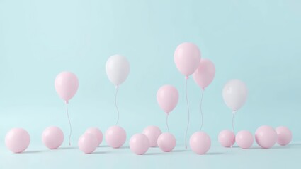 Pink Balloons on Pastel Blue Background  Minimalist Design  Celebration Concept