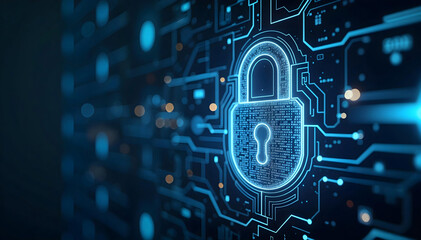 Cyber ​​security and data protection, internet network security, Padlock icon within a complex interface of cyber security network lines and glowing dots, encryption, and information security.