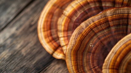 Reishi mushroom caps resting on a rustic wooden tabletop