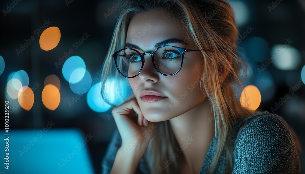 Aufkleber beautiful female it specialist working on a laptop, looking around the office, deep in thought, solv
