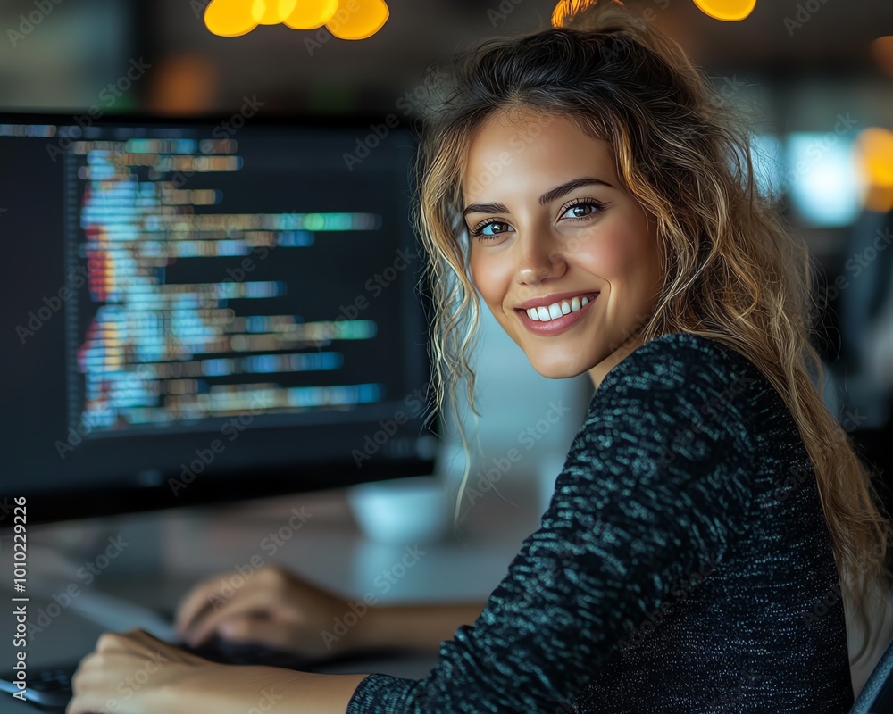 Poster Beautiful female IT specialist using a laptop, smiling while thinking, solving coding challenges in a contemporary office, focused and confident, software developer at work
