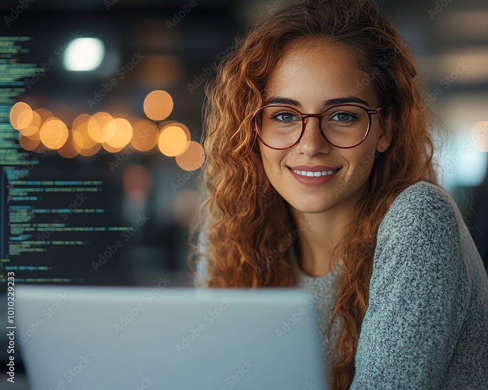 Poster Beautiful female IT specialist using a laptop, smiling while thinking, solving coding challenges in a contemporary office, focused and confident, software developer at work